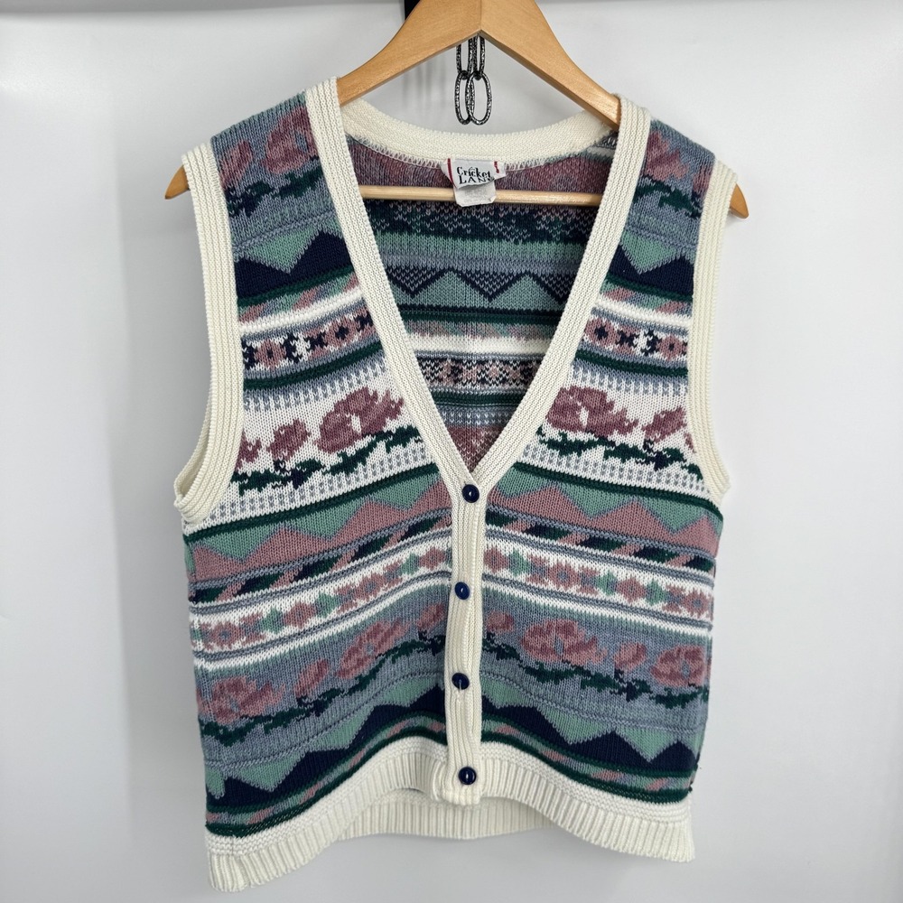 Vintage Cricket Lane Sweater Vest‎ Womens M Floral Knit Button 90s Cottagecore